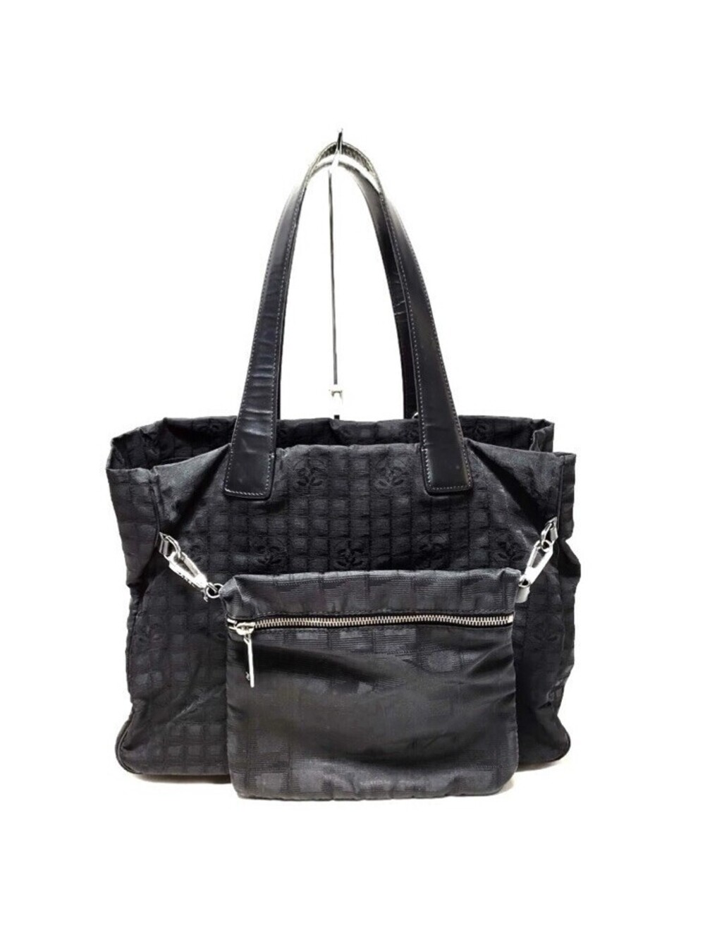 Authentic Chanel CC Travel Line Black Nylon Tote Shoulder Hand Bag & Pouch Set